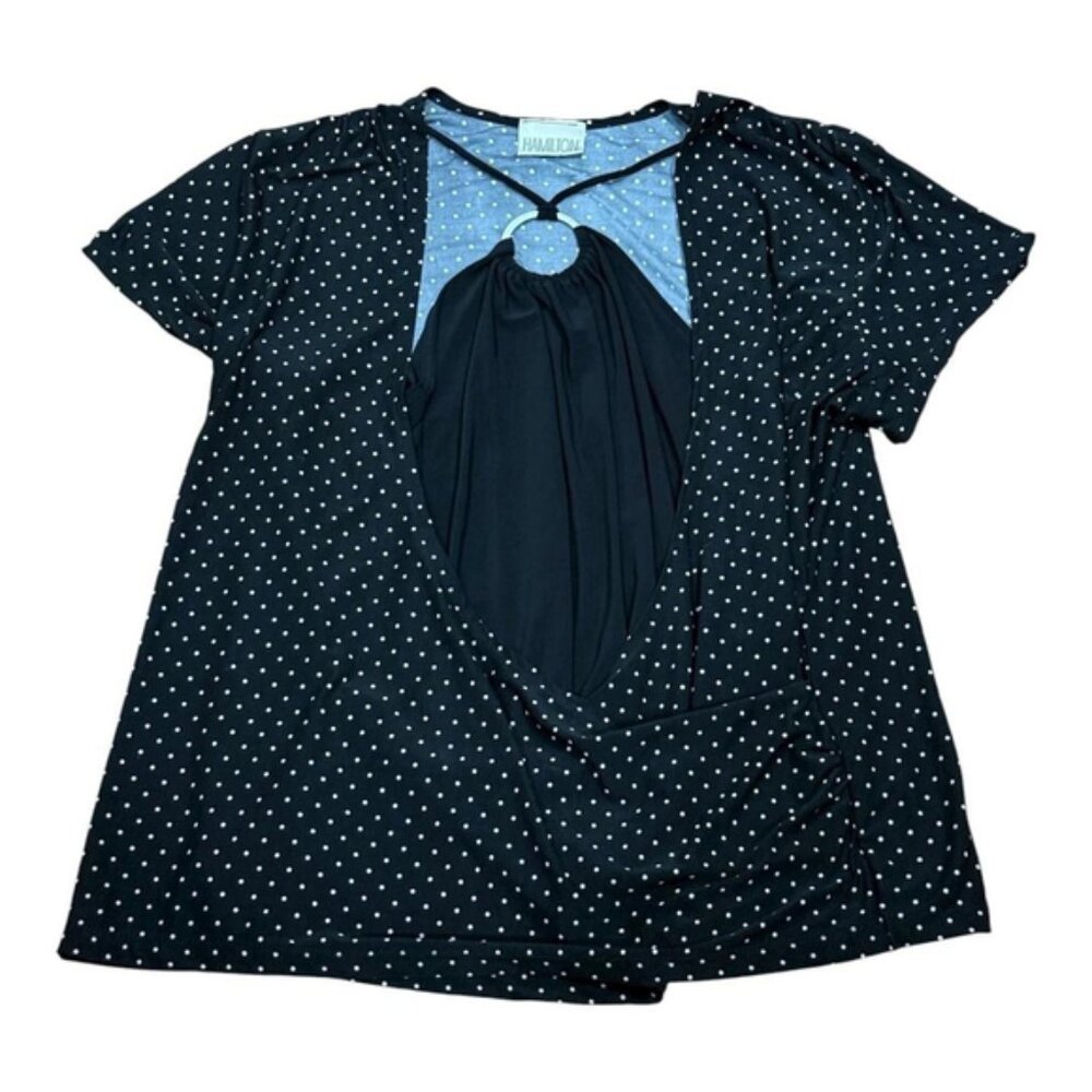 Hamilton Shirt Womens 3X Black White Polka Dot Short Sleeve Ring Keyhole GO-1079